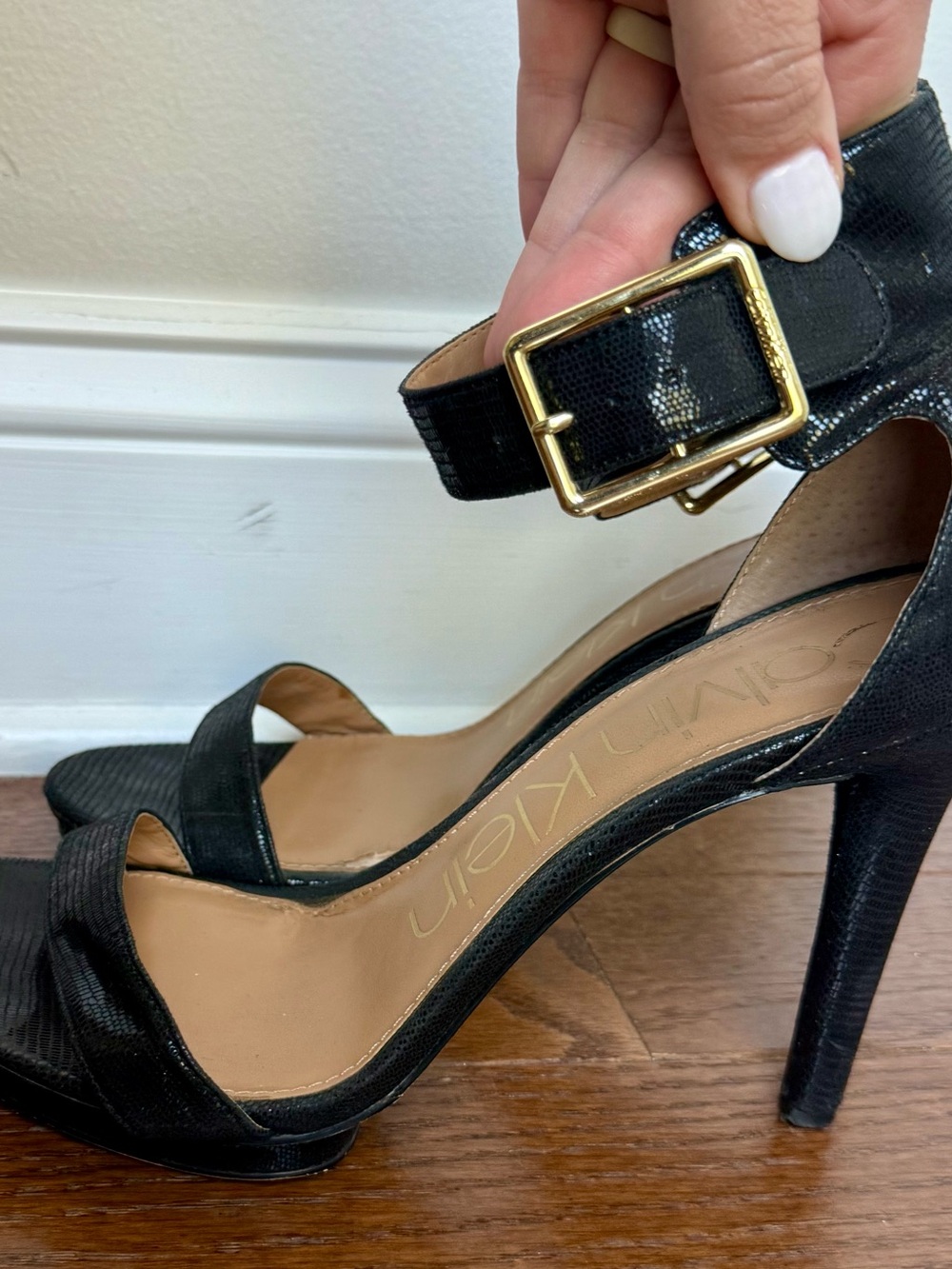 Calvin Klein Black Leather Ankle-Strap Stiletto Heels with Gold Buckle